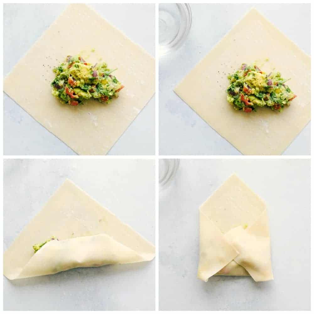 Process of folding egg rolls.