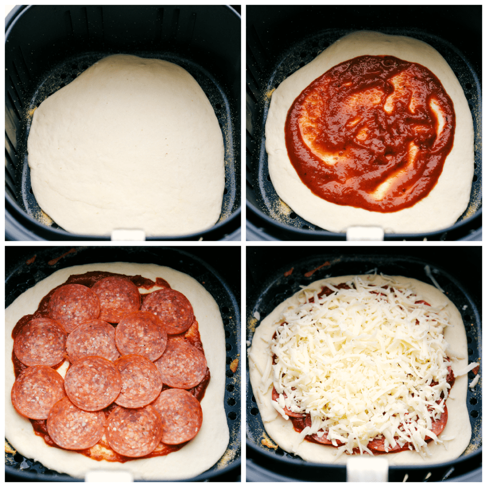 Making the pizza in an air fryer step by step. 