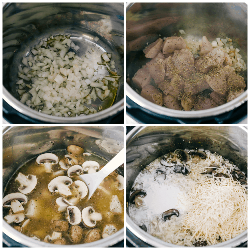 Sauteing onions, chicken and making chicken and rice. 