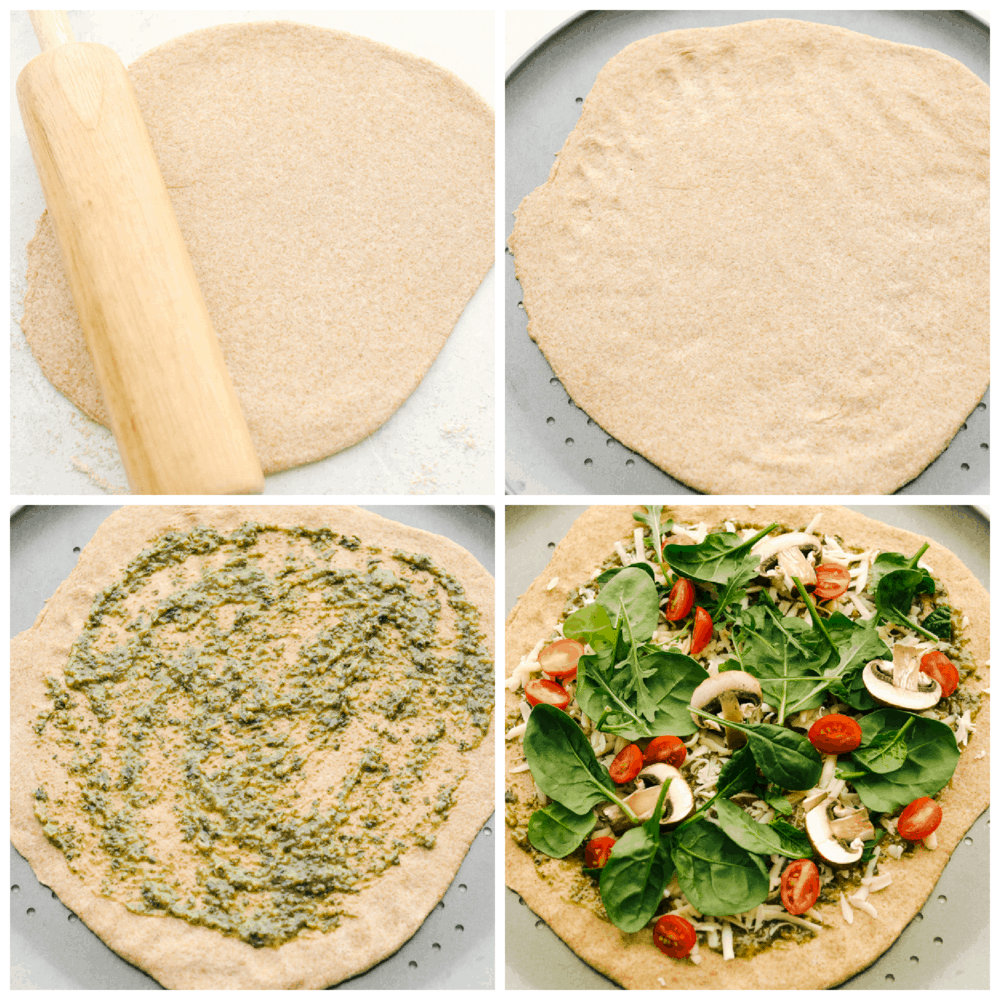 Rolling out the pizza dough and putting sauce and toppings on top. 