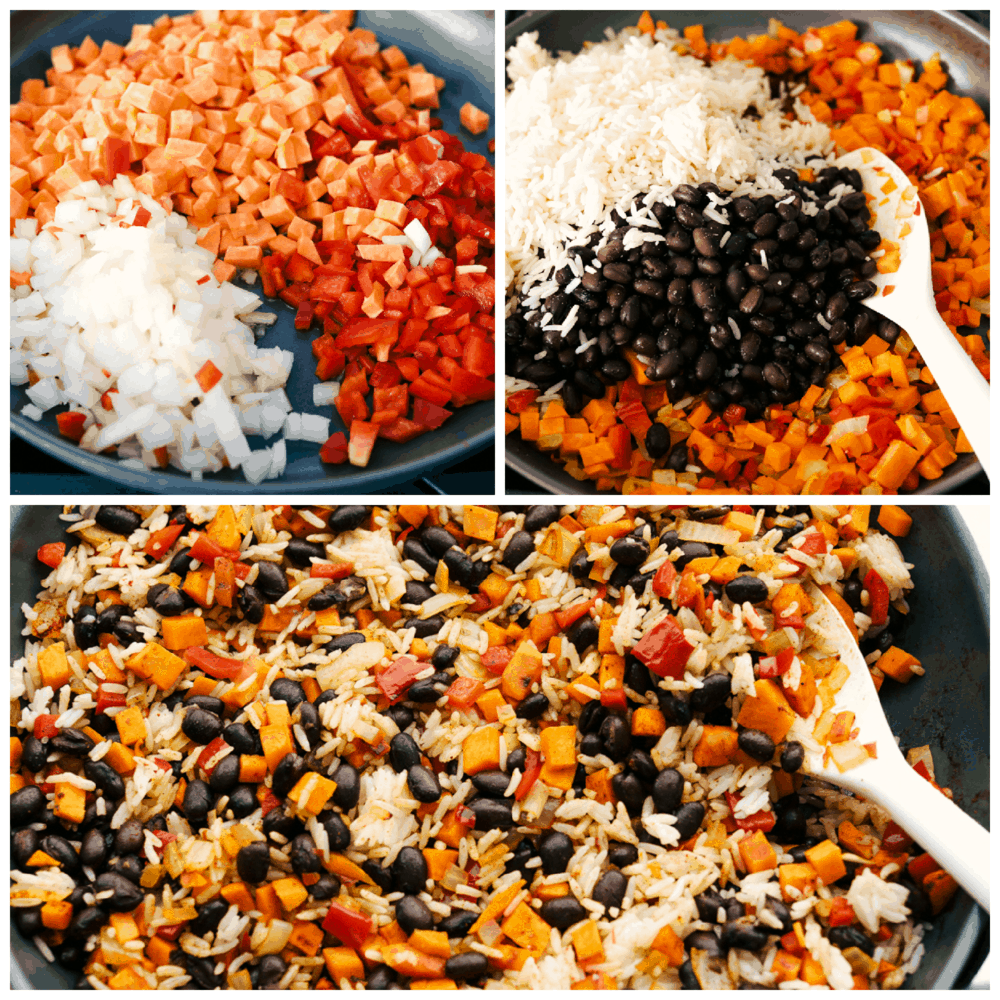 Sauteing the filling for black bean and sweet potato enchiladas.