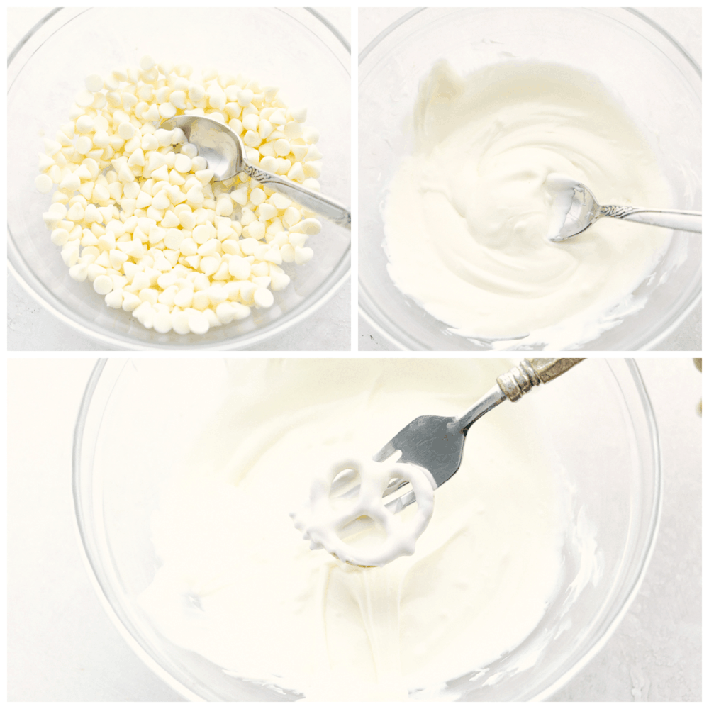 Melting white chocolate chips and dipping pretzels.