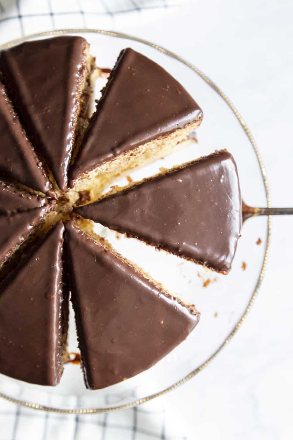 Boston Cream Cake cut into slices. 