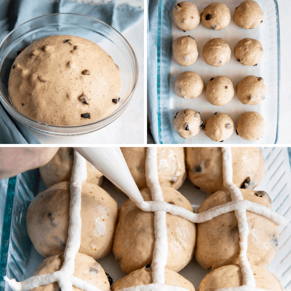 Hot Cross buns rising, rolled out and being crossed before baking. 