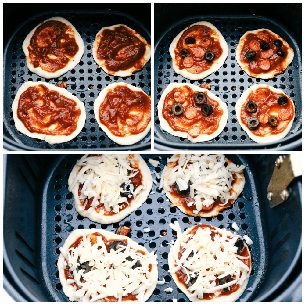 Biscuit pizzas in air fryer with sauce, then pepperoni, olives and cheese. 