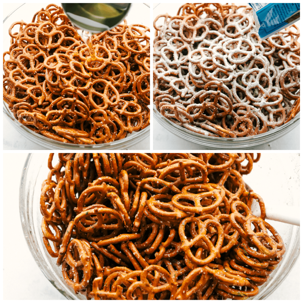 Making ranch pretzels with a bit of butter, ranch dressing powder and stirring. 