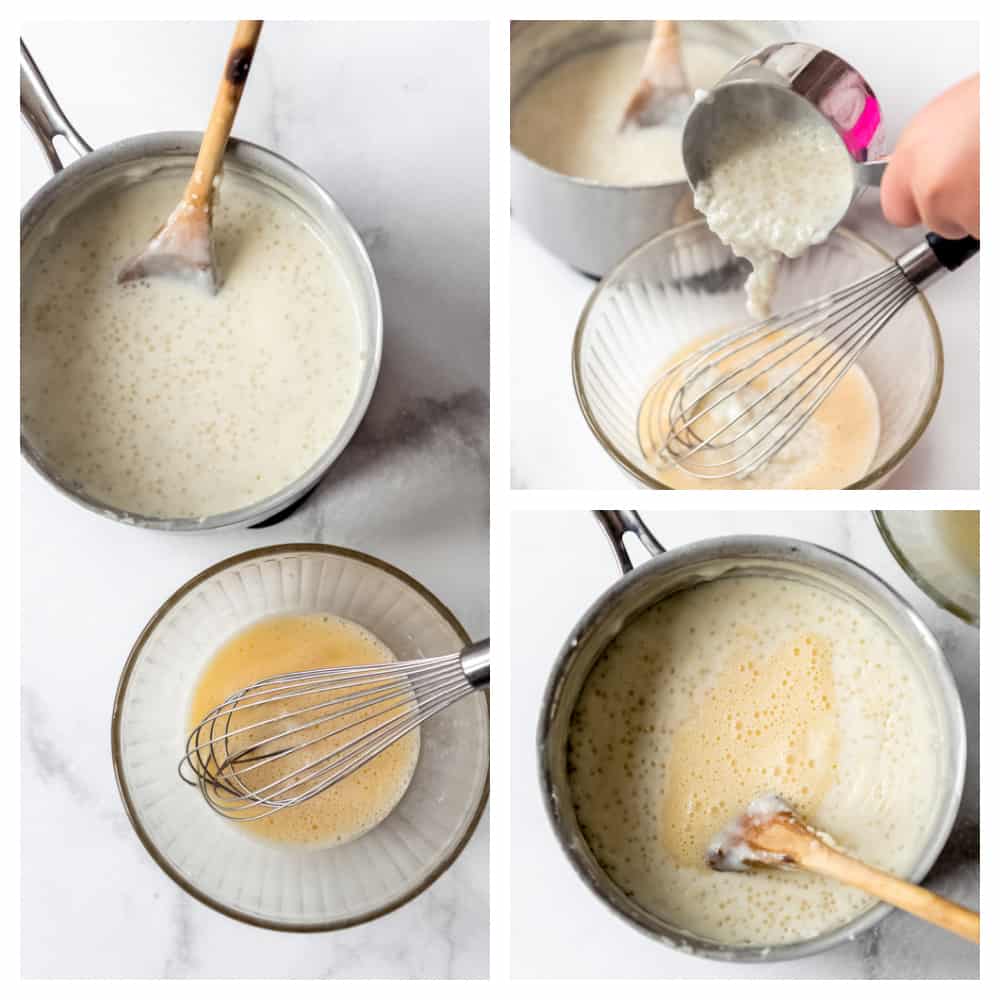 A step-by-step collage showing how to make tapioca pudding.