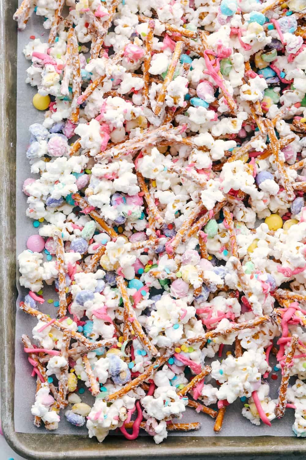 A sheet pan with colorful bunny bait cooling. 