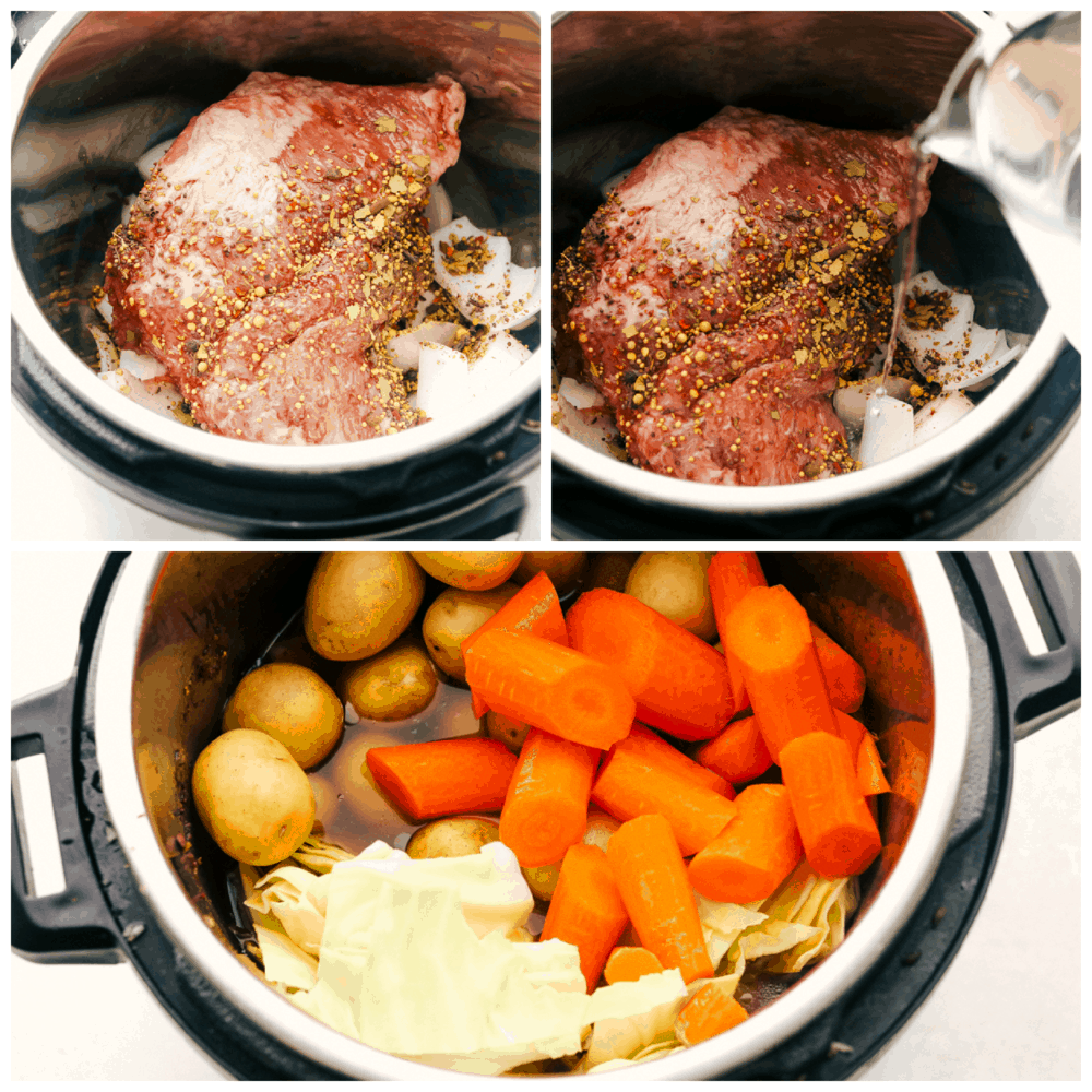 Putting the corned beef in the instant pot and adding the vegetables. 