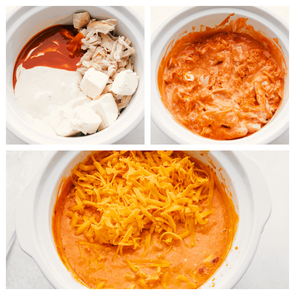 Putting the ingredients in a crockpot, after it has cooked and adding more cheese. 