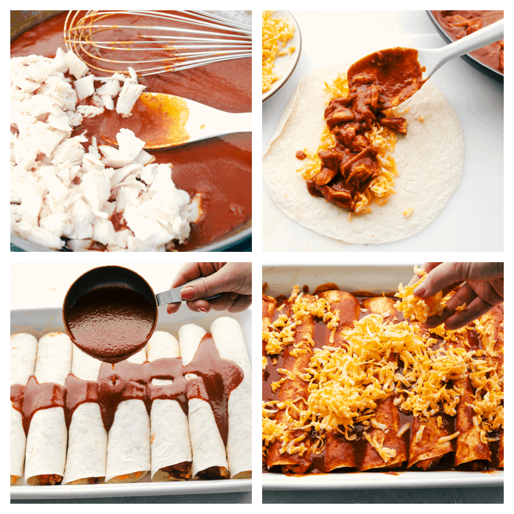 Mixing chicken in the enchilada sauce, making the enchiladas and topping them. 