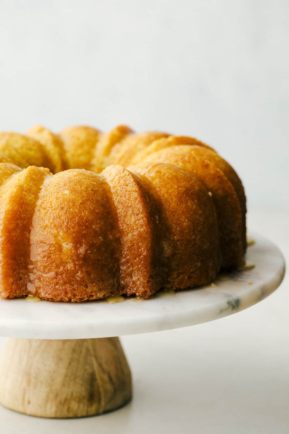 Up close picture of cake on a platter. 