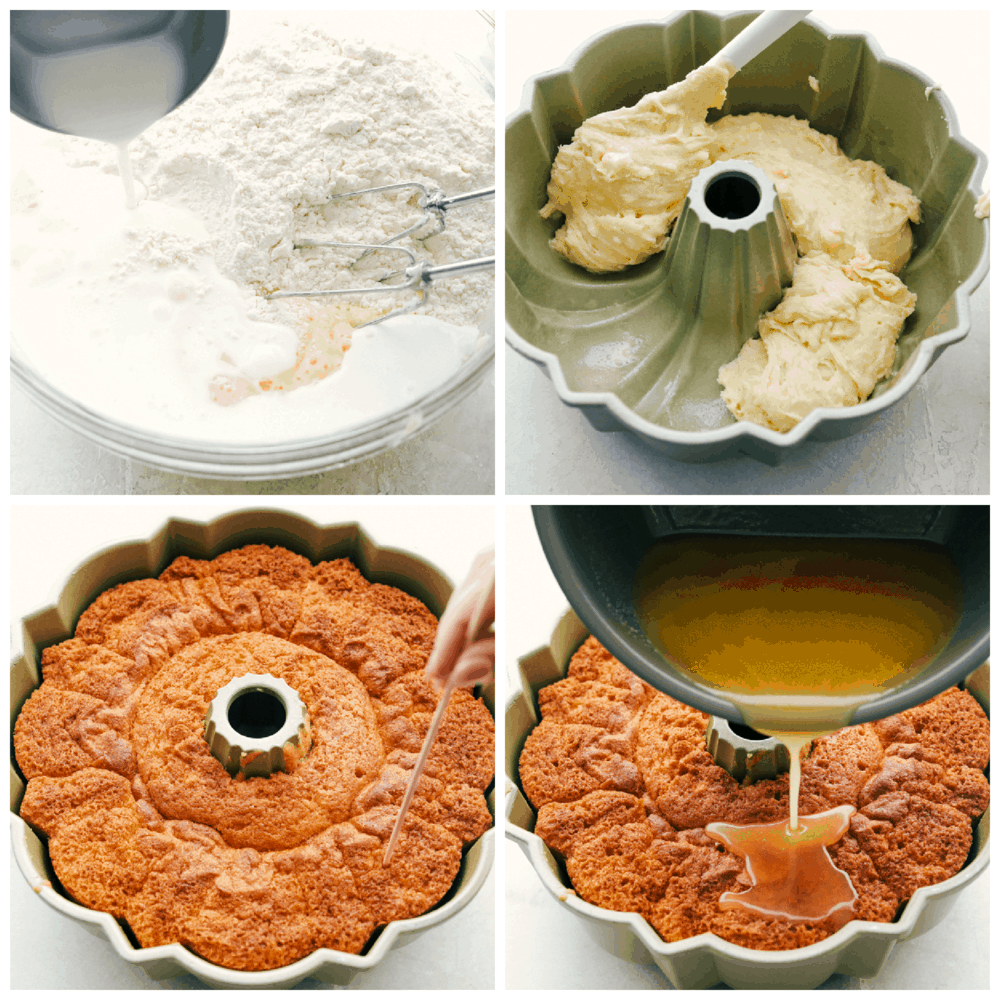 Mixing the cake, putting it in the bundt pan and doing the drizzle.