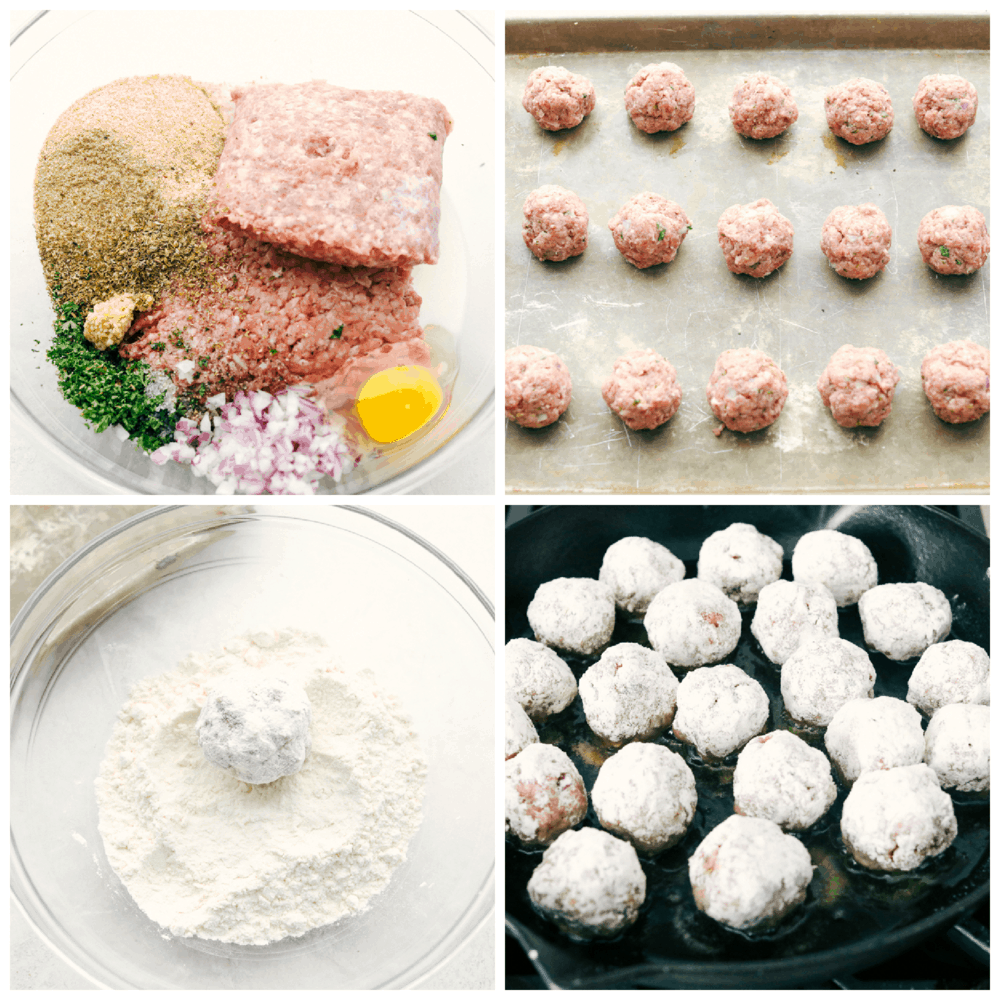 Making the meatballs, rolling it in flour and frying in oil. 