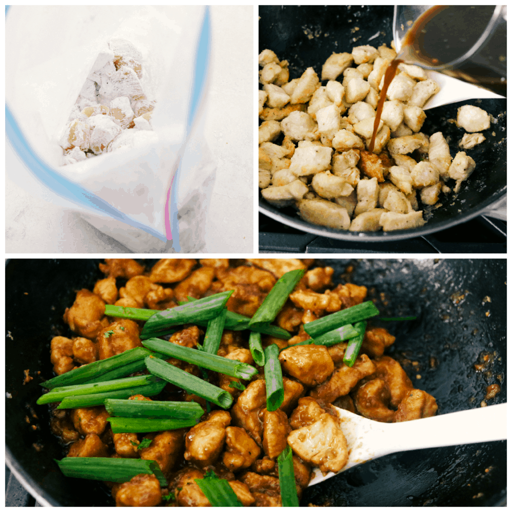 Coating the chicken, adding sauce and sauteing it in a pan. 