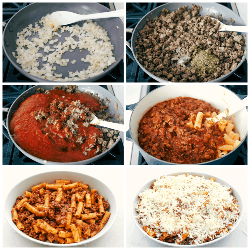 Making the meaty sauce and adding the noodles and cheese for Rigatoni.