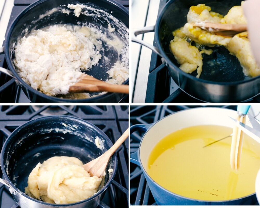 Making the dough in the saucepan and frying them in a dutch oven. 