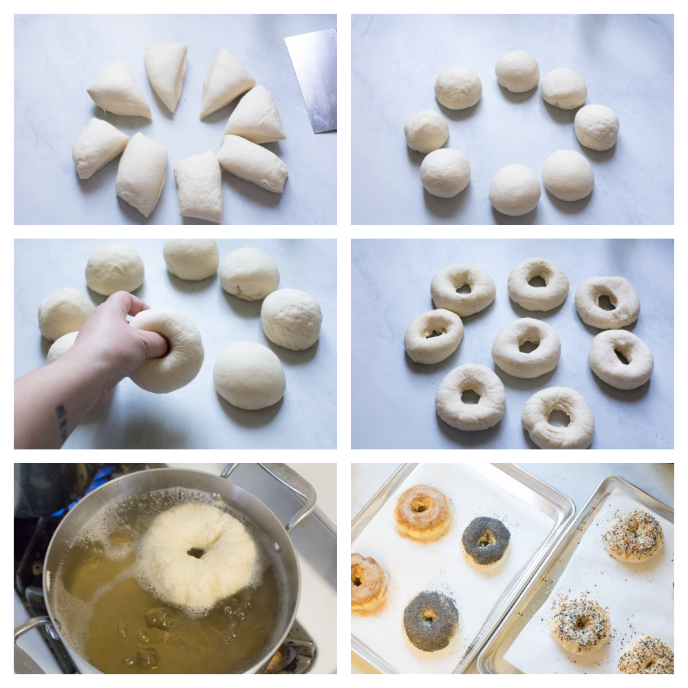 Cutting, shaping, boiling and baking the dough. 