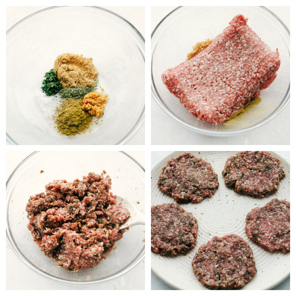 Spices in a bowl, being mixed with ground pork and formed into patties. 