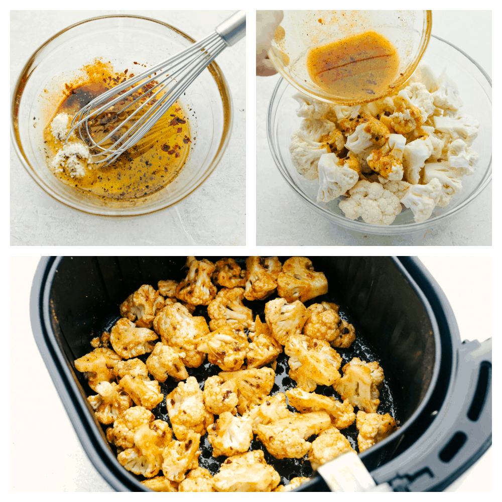 Mixing the marinade, pouring over the cauliflower and putting in the air fryer basket. 