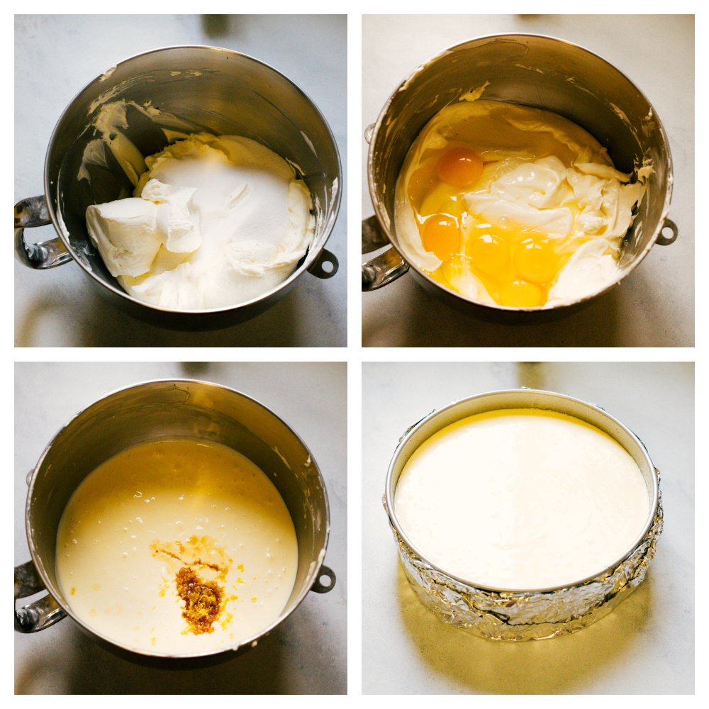 The process of making cheesecake. 