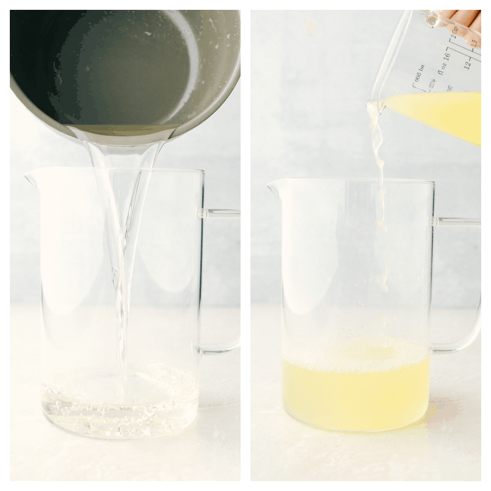 Pouring in the sugar water and lemon juice in a pitcher. 