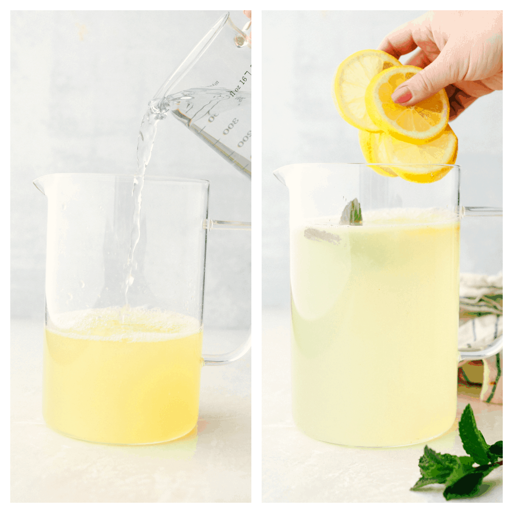 Adding water and lemons and mint for garnish. 