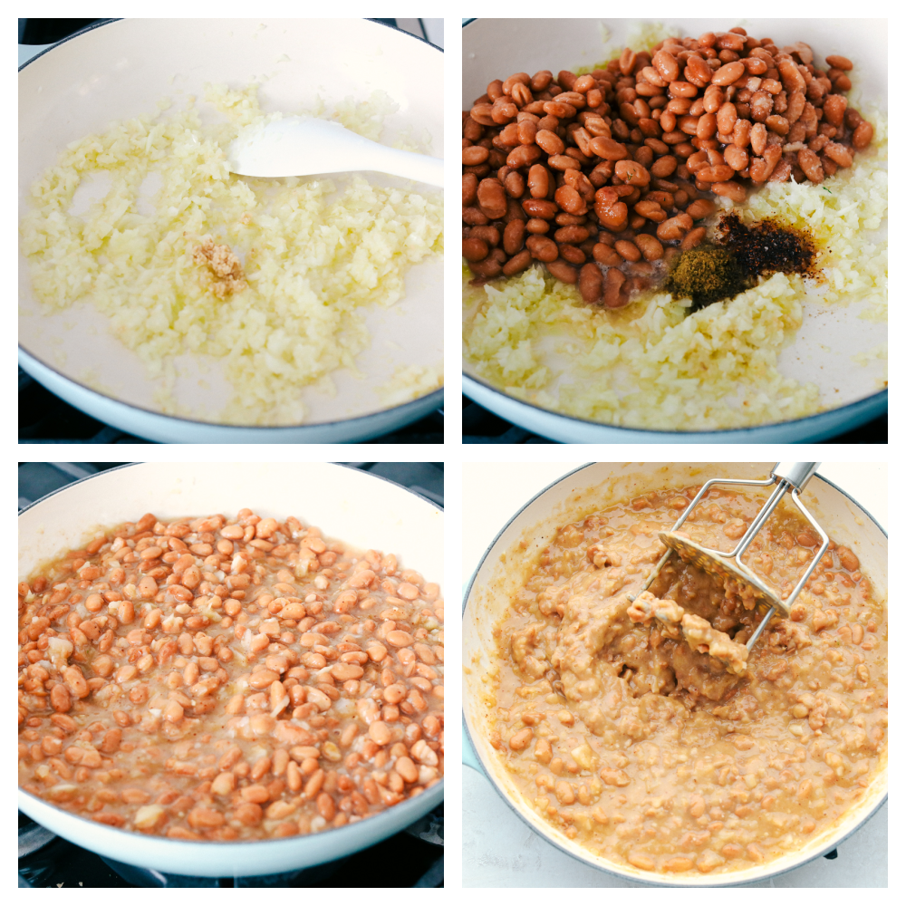 Sauteing onions, beans and spices and mashing them to eat. 