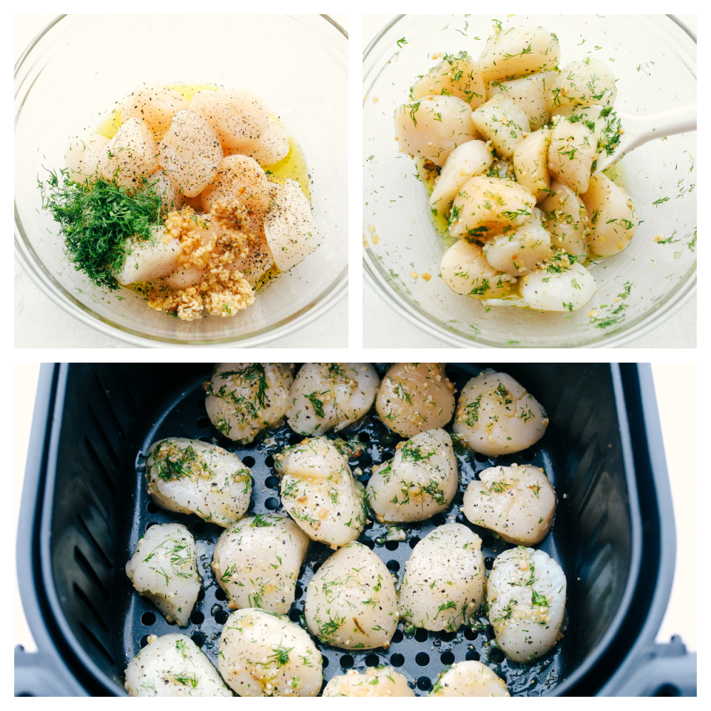 Mixing the seasonings together with the scallops and placing them in an air fryer. 