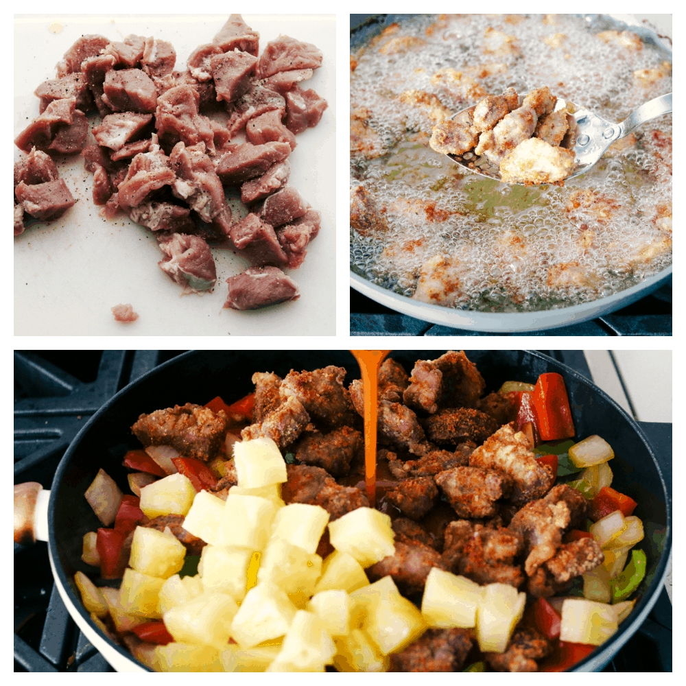 Cutting the pork, frying it and adding the sauce. 