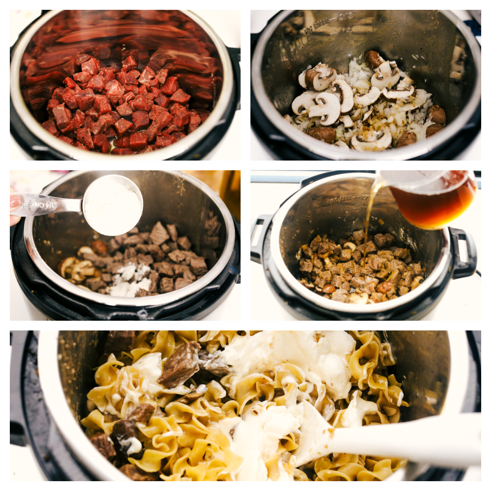 Sauteing the beef, mushrooms and onions, then adding the flour and broth. After it's cooked adding the sour cream. 