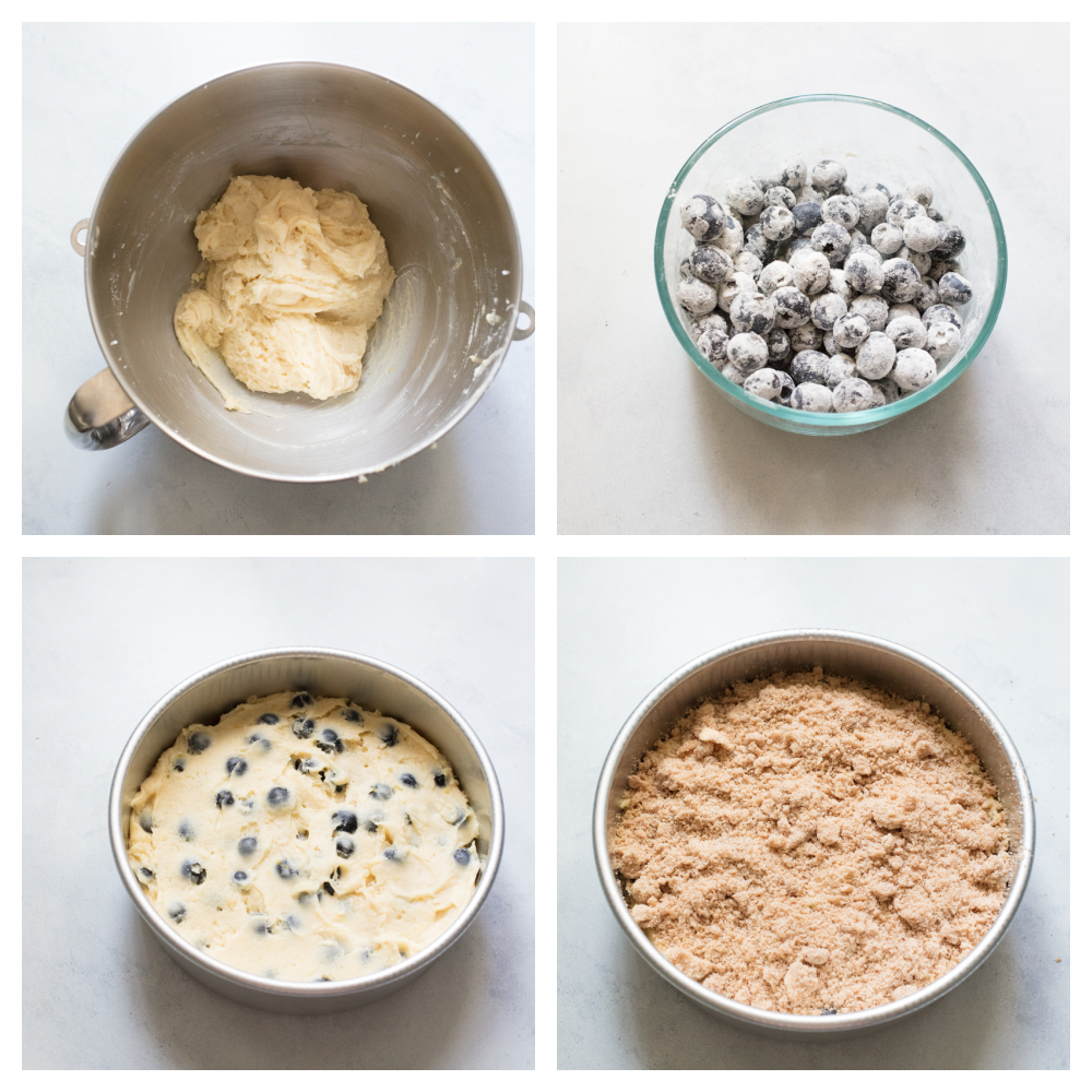 Making the batter, flouring the blueberries, the batter in a pan with crumb topping. 