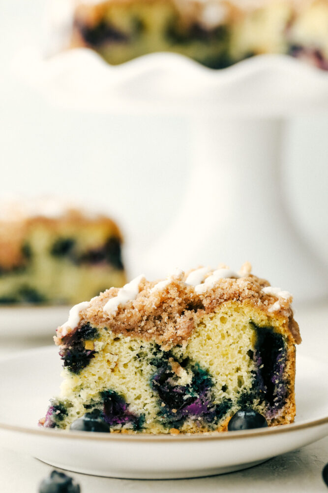 A piece of blueberry crumb cake on a plate. 