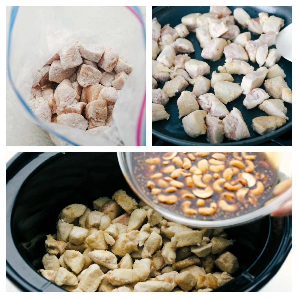 Coating the chicken and pan frying before adding it to the slow cooker with the sauce.  