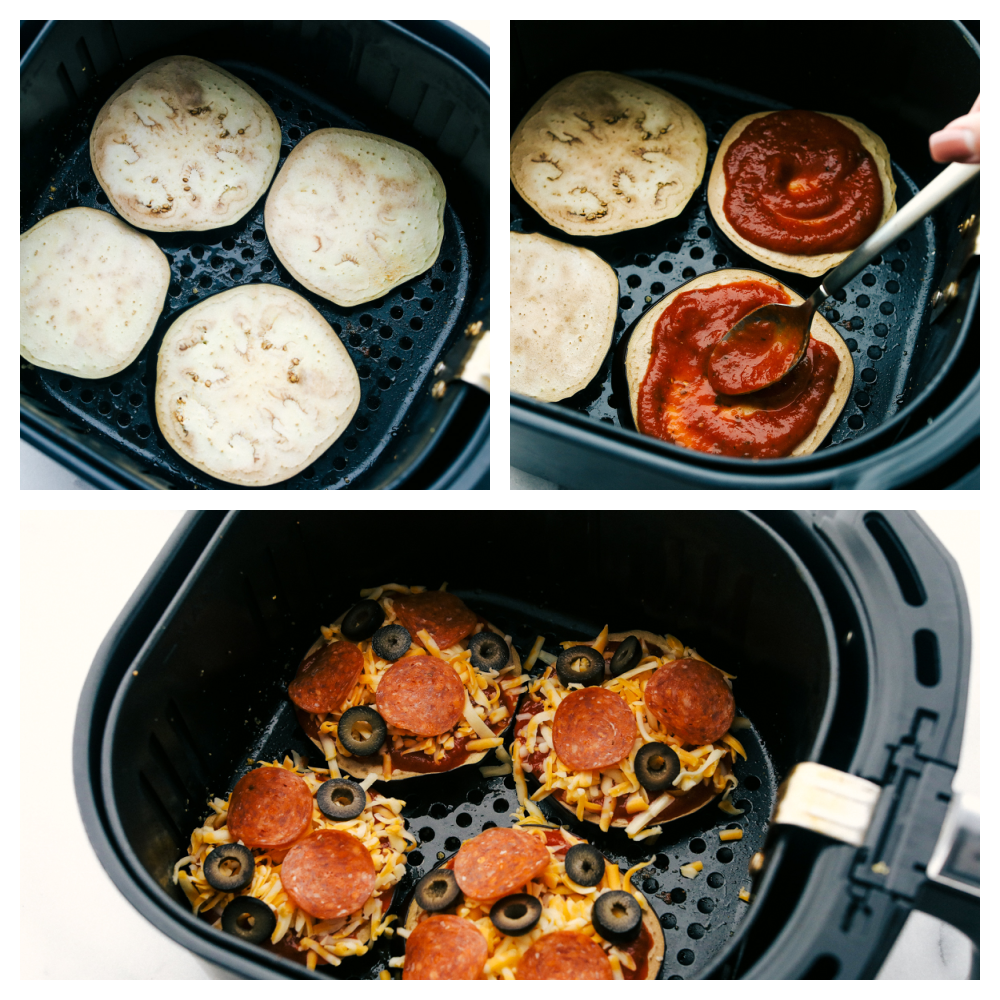 Eggplant slices being prepared in air fryer.