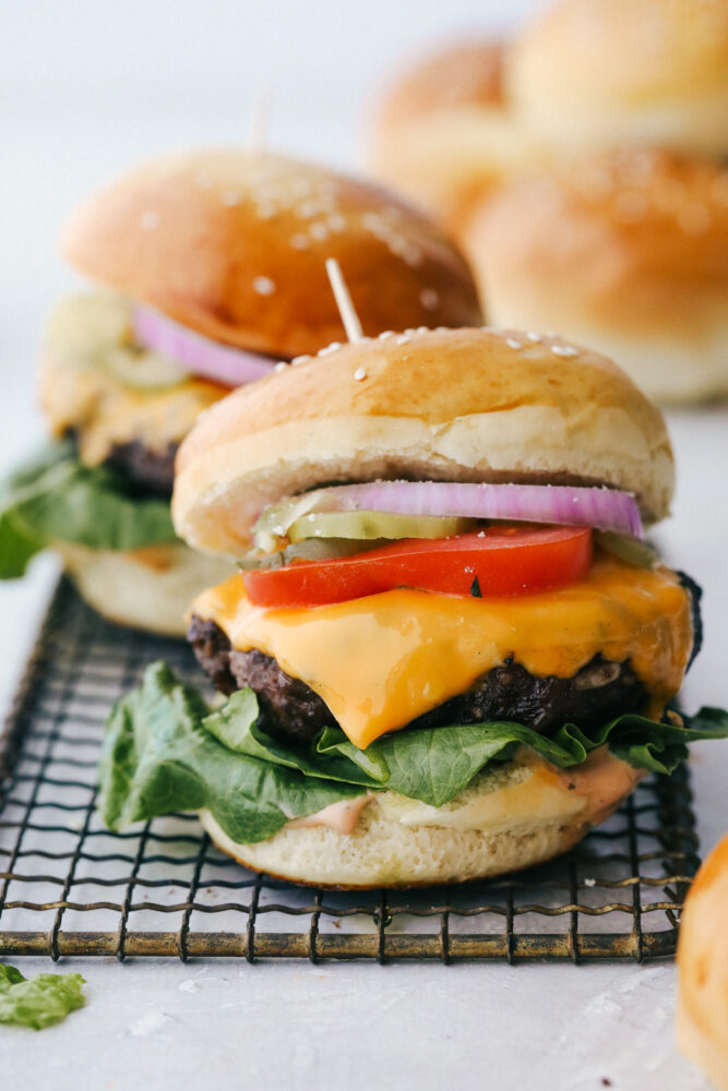 Hamburgers on homemade buns. 