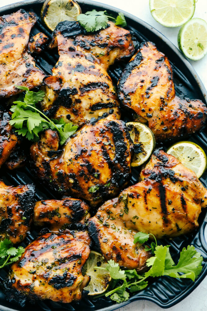 A plate of grilled honey lime cilantro chicken garnished with cilantro and limes. 