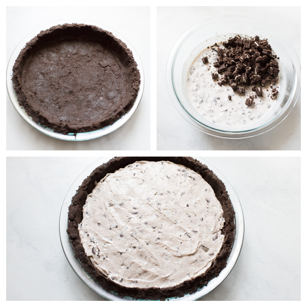 The oreo crust, pudding filling with extra oreos and the finished pie. 