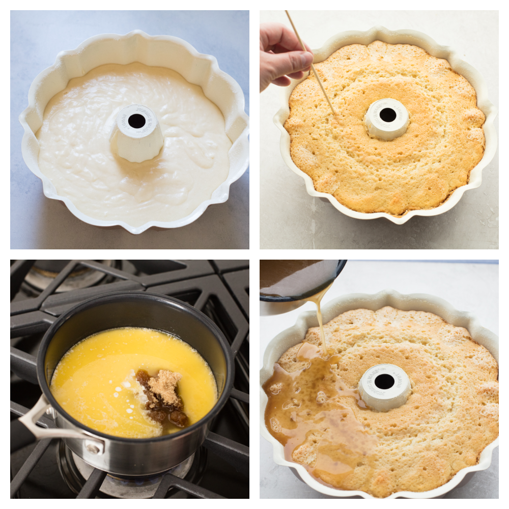 The cake batter in a Bundt pan, poking holes, making the sauce and pouring it over the cake. 