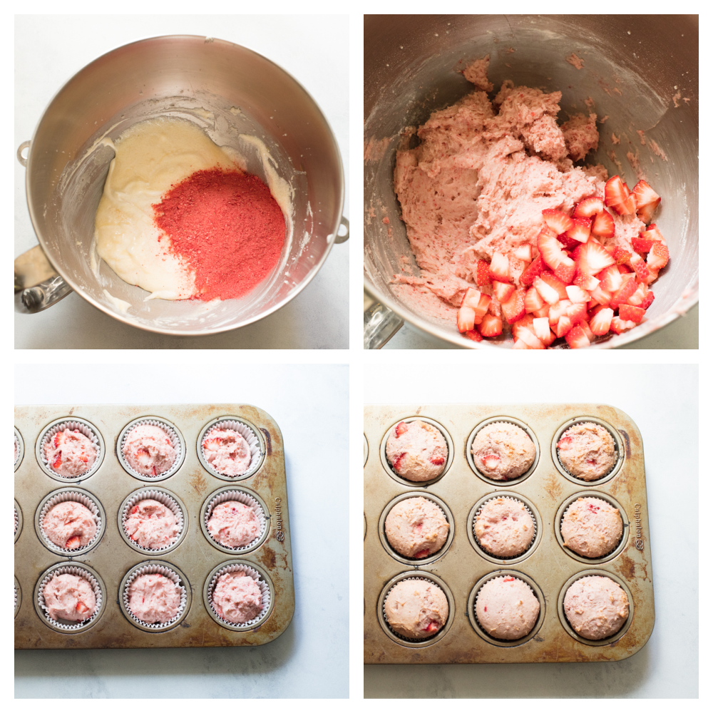 Mixing the freeze-dried and fresh strawberries in to the batter and filling the cupcake mold.