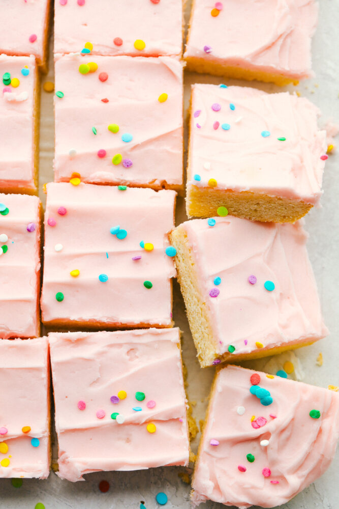 Sugar cookie bars cut into squares. 