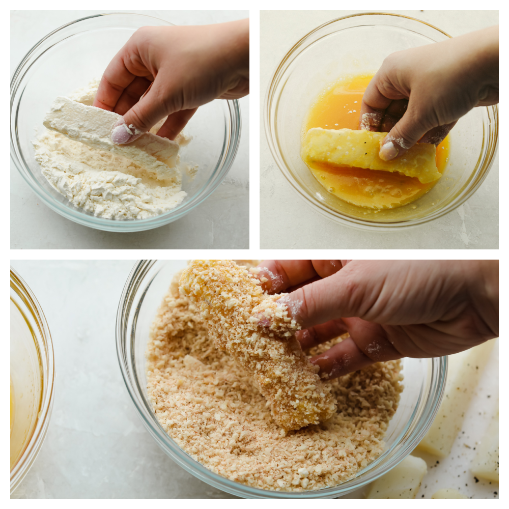 Dipping the cod in the flour mixture, then the egg and panko mixtures. 