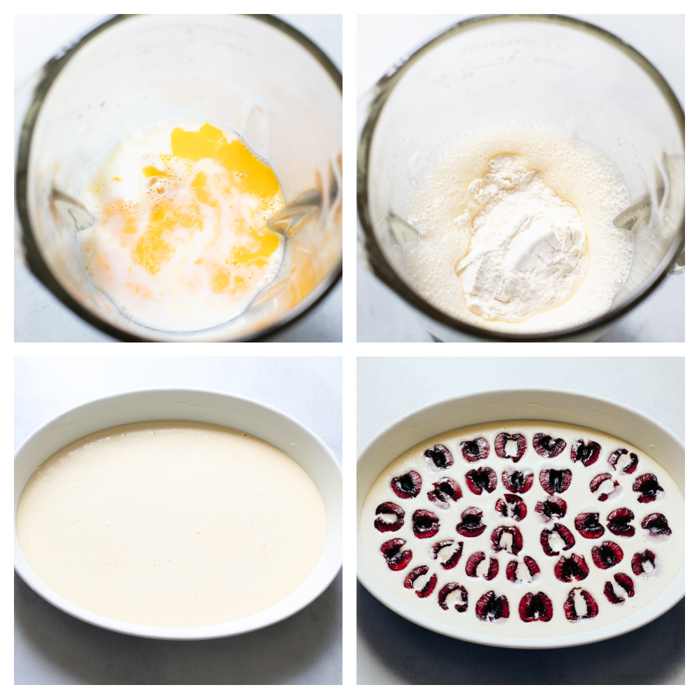 Mixing the ingredients, pouring them into a pan and adding the cherries. 