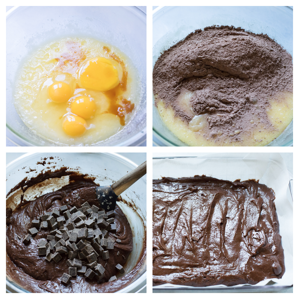 Mixing the wet ingredients, then the dry, then altogether and putting the batter in the pan. 