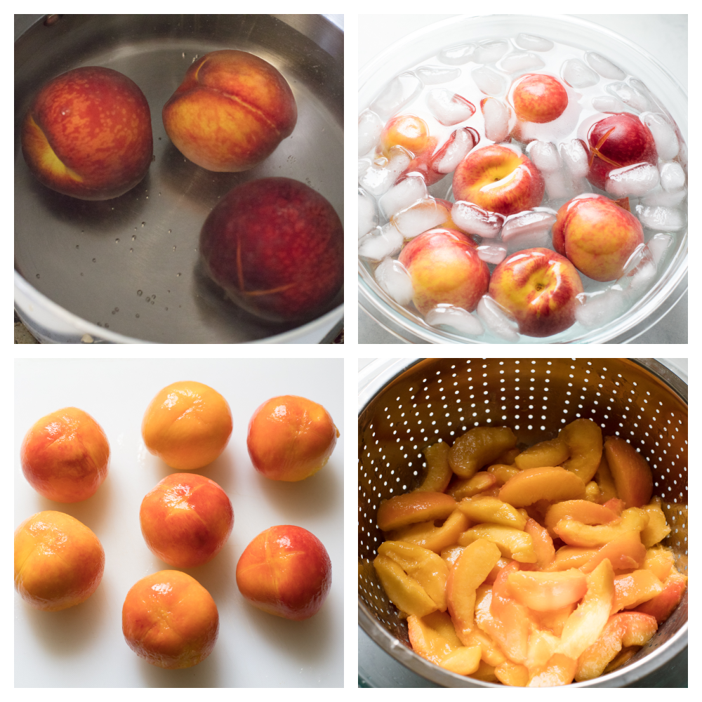 Peaches in a cold bath and peeled. 