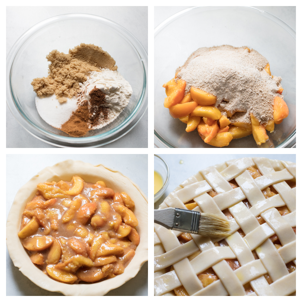 Process shots of making peach pie in a glass bowl.