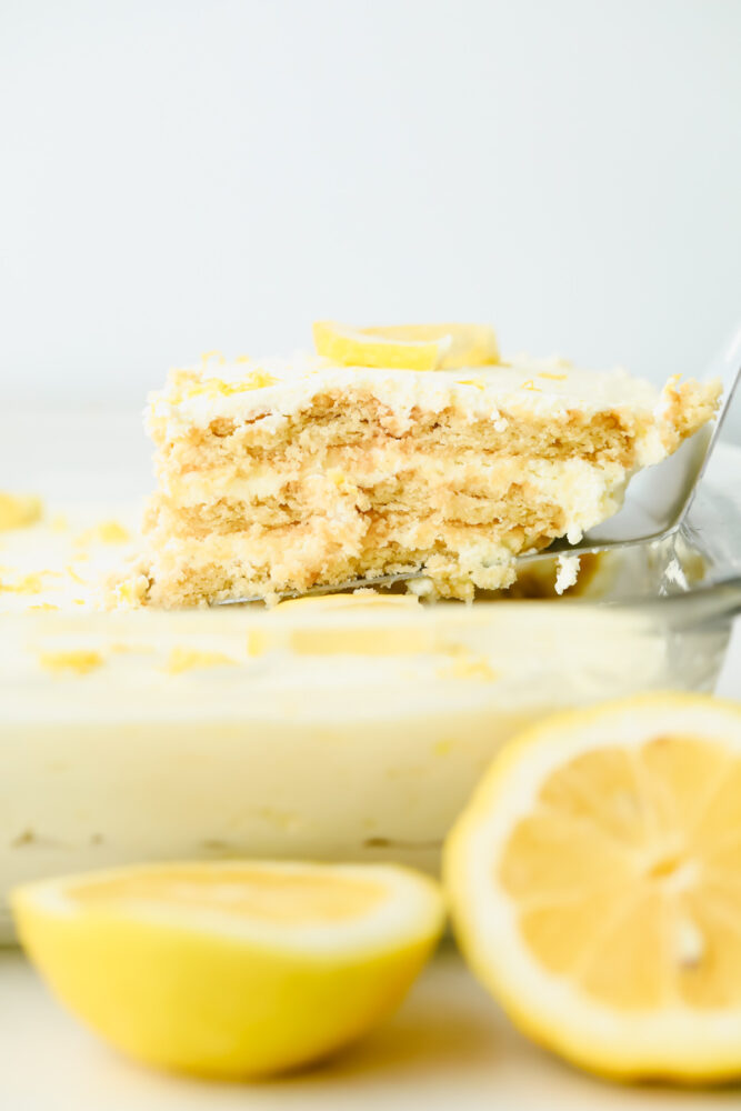 Taking a piece of Lemon Icebox Cake.