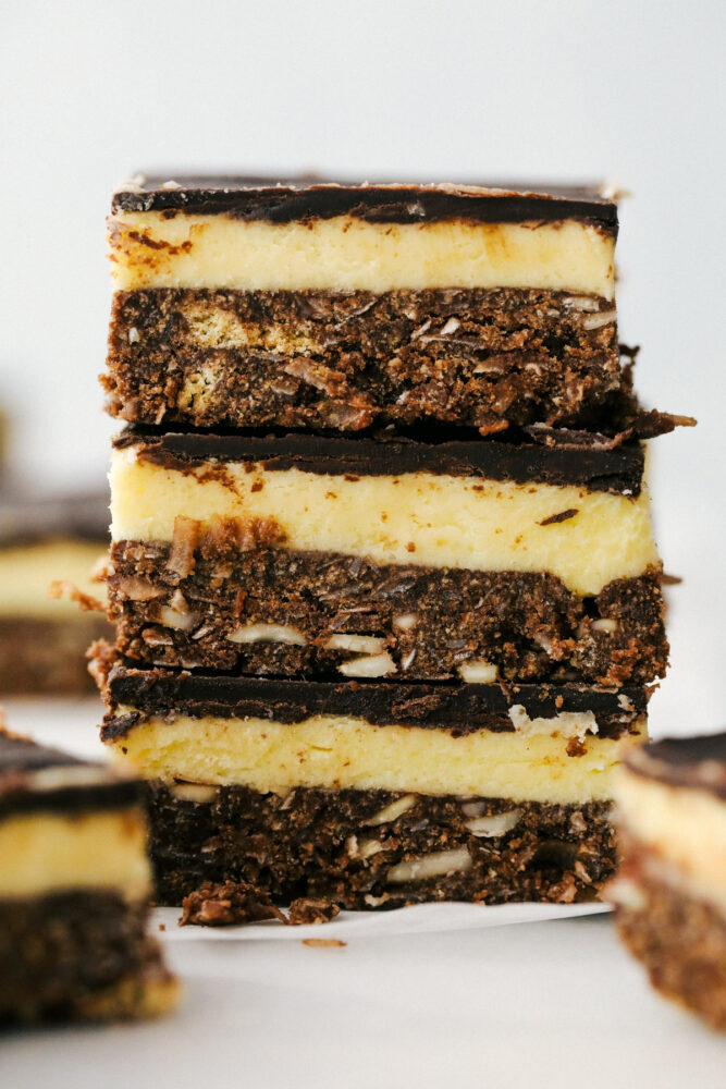 A stack of 3 nanaimo bars.