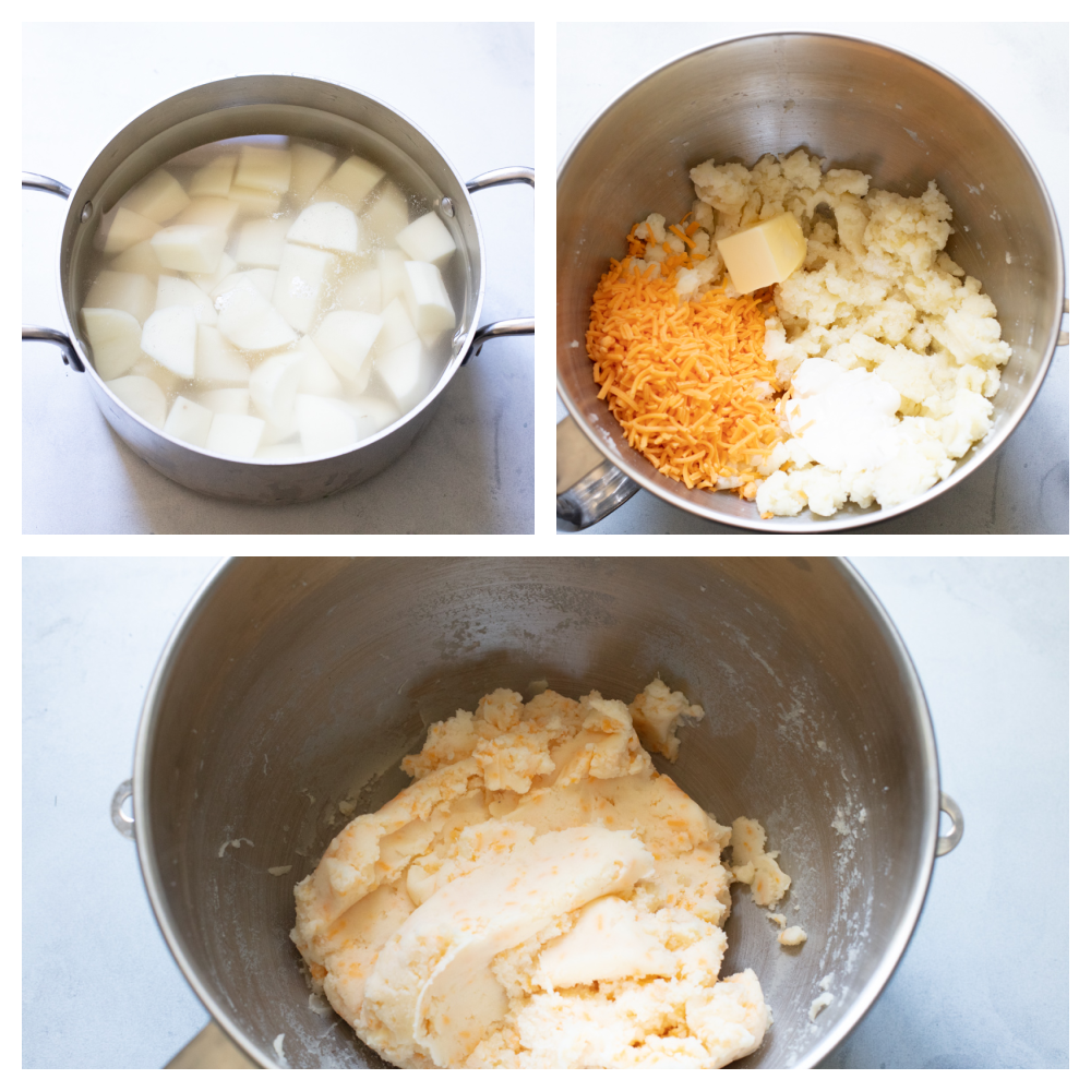 Making the filling for potato and cheesy filled pierogi. 