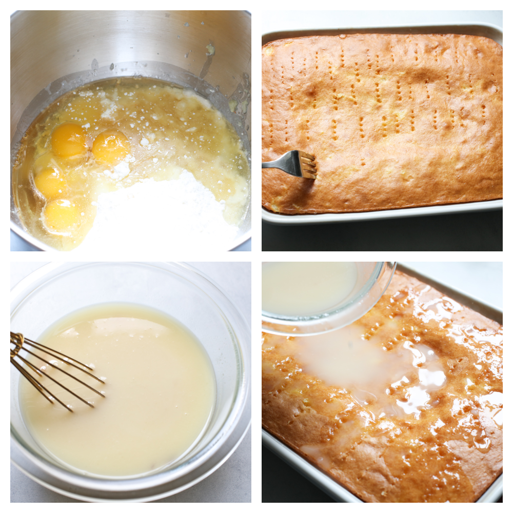 Mixing the ingredients, poking holes in the cake and pouring th sauce over the top. 